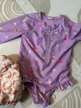 GAP Purple Long-Sleeve Ice Cream Print One-Piece Swimsuit - swim diaper included
